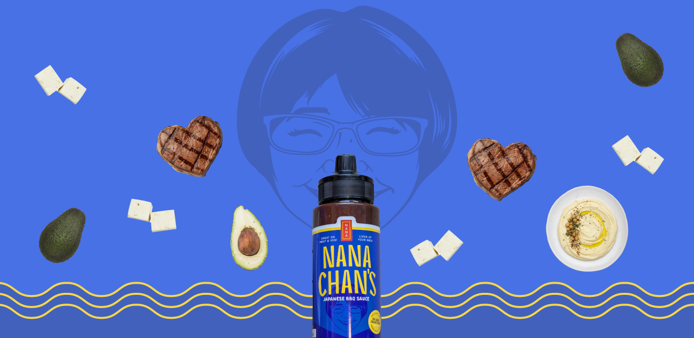 Nana-chan's BBQ sauce with avocado, steak, tofu and hummus floating around.